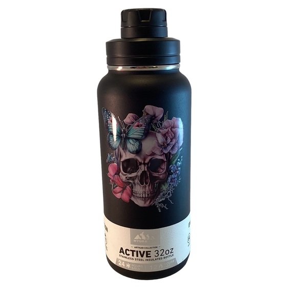 HYDRAPEAK Skulls, Flowers, Butterflies Hot & Cold Insulated Water Bottle Black - Picture 1 of 6